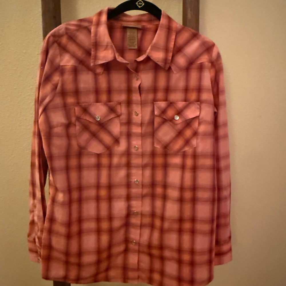 Wrangler Coral and Brick Pearl Snap Western Plaid Shirt